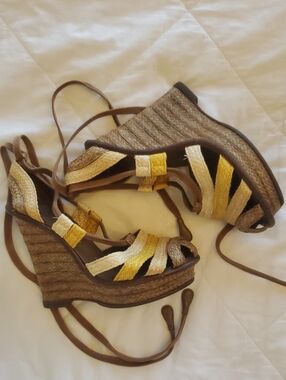 Bottega Veneta Brown, Yellow and Cream Braided Espadrille Wedge Sandals